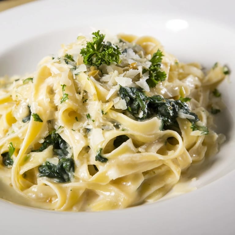 Tempting view of Creamy Garlic Spinach Pasta; fettuccine and spinach bathed in a rich, garlic-infused sauce.
