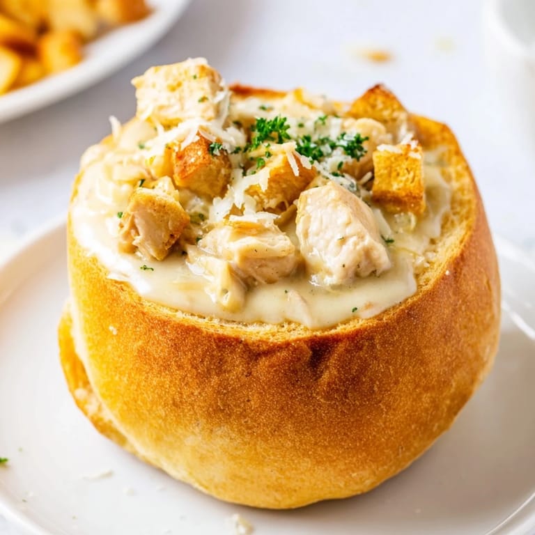 Savory chicken Alfredo bread bowl bubbling hot with melted Parmesan, perfect for a cozy dinner.