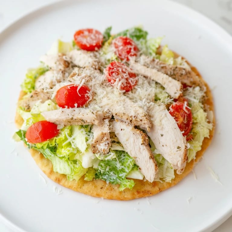 Savory Chicken Caesar Flatbread topped with grilled chicken slices and creamy Caesar dressing, ready to eat.