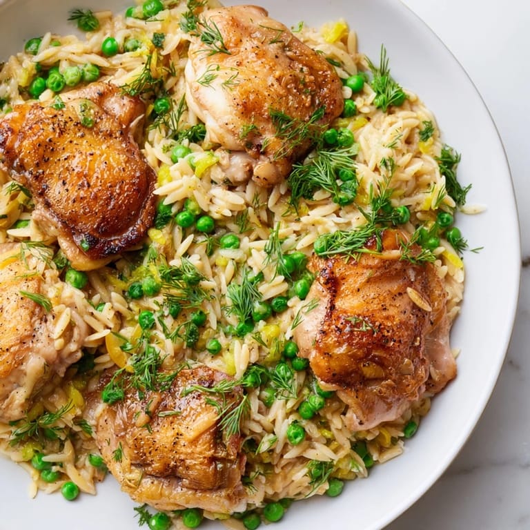 Lemon Herb Chicken Orzo Skillet simmering in a pan, bursting with fresh herbs and lemon.