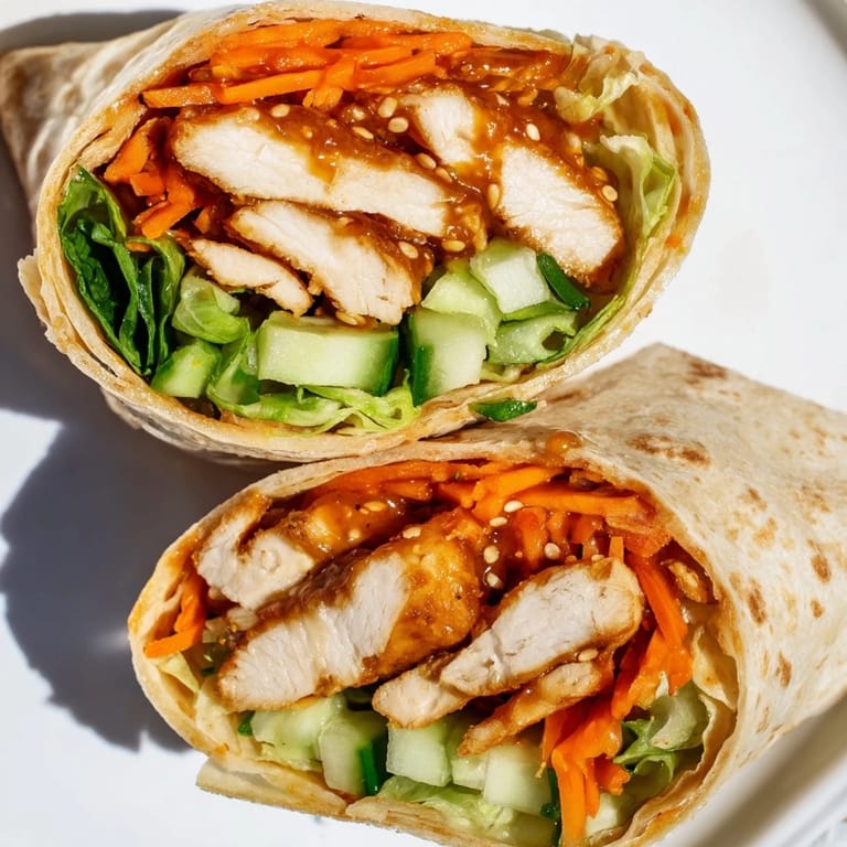 A close-up shot of a delicious Honey Chili Crunch Chicken Wrap, showing the vibrant fillings.