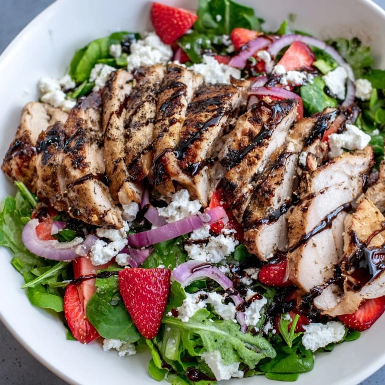 Freshly plated Strawberry Balsamic Chicken Salad with glistening balsamic glaze, a summer delight.