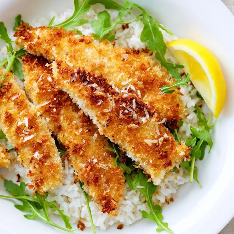 A delicious Crispy Parmesan Chicken Cutlet Bowl: Fried chicken, rice, fresh greens, and a squeeze of lemon.
