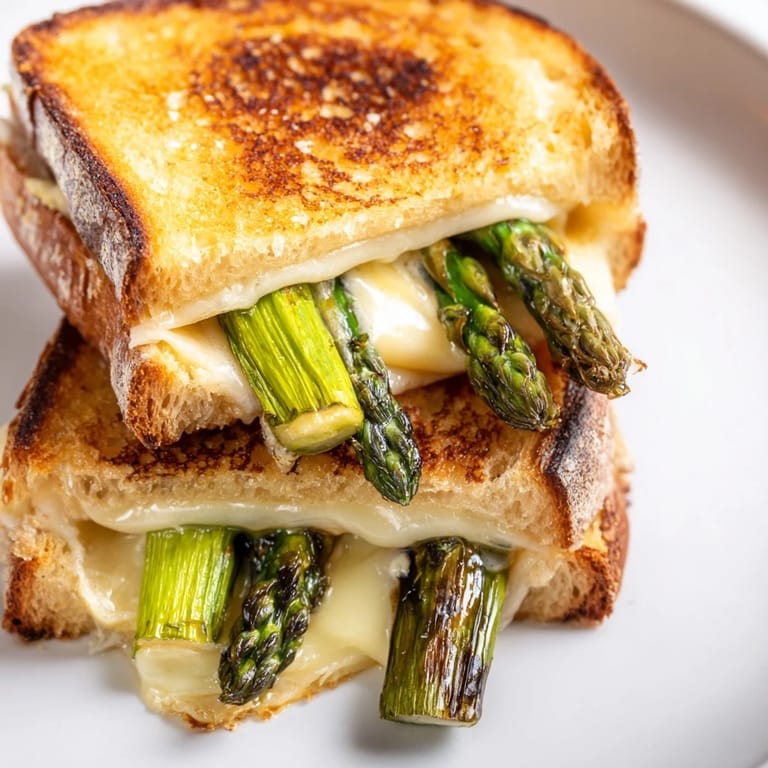 Mouthwatering, warm Asparagus & Brie Grilled Cheese, with a close-up of the delicious, golden sandwich.