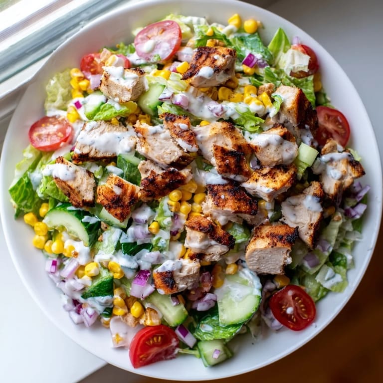 A colorful bowl of Ranch Chicken Chopped Salad, with visible crispy chicken and cheddar cheese.