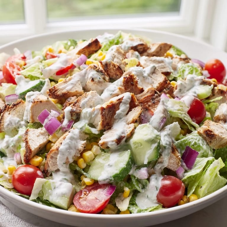 Close-up of Ranch Chicken Chopped Salad, showcasing a light Greek yogurt dressing and fresh herbs.