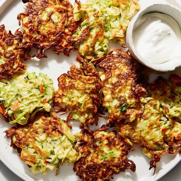 Freshly fried cabbage fritters on a plate with creamy dipping sauce, crispy outside and tender inside for easy snacking.