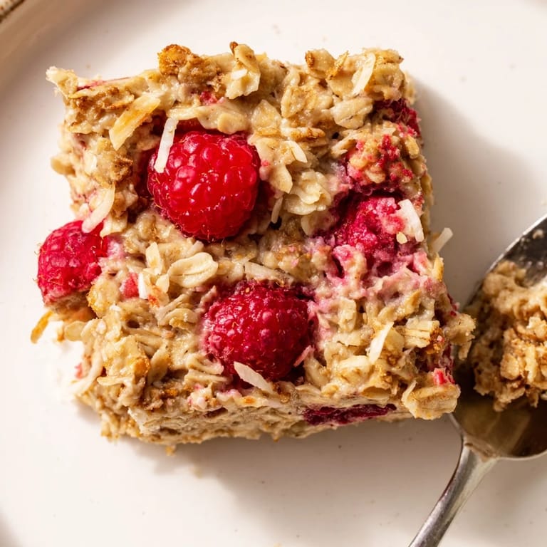 Müslibacken mit Himbeeren und Kokos, frisch aus dem Ofen mit goldbrauner Kruste, ideal zum Teilen an kalten Tagen.
