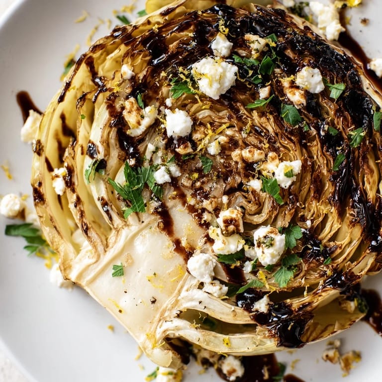 Geröstete Kohlscheiben werden mit würzigem Feta und glasigem Balsamico-Glas für mediterranes Ambiente serviert.