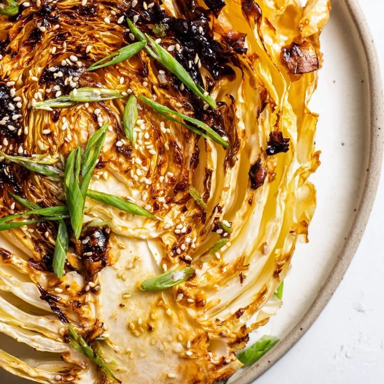 Geröstete Weißkohlscheiben mit nussiger Misobutter, auf einem rustikalen Teller für den Familientisch.