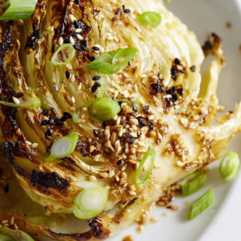 Rumige Misobutter zieht in zarte Weißkohlkeile ein, mit Sesamsamen und Frühlingszwiebeln bestreut.