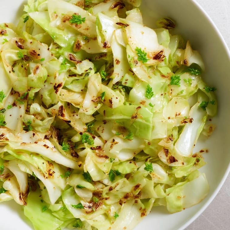 Vibrant Sautéed Cabbage With Garlic and Mediterranean Spices glistening with olive oil and spices, ideal alongside grilled Mediterranean mains.