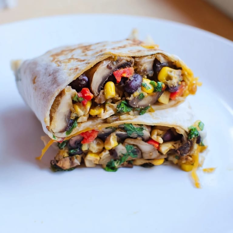 Farbenfrohe Veggie Burritos mit Bohnen-Mais-Füllung, frischer Koriandernote und würziger Salsa auf dem Teller.