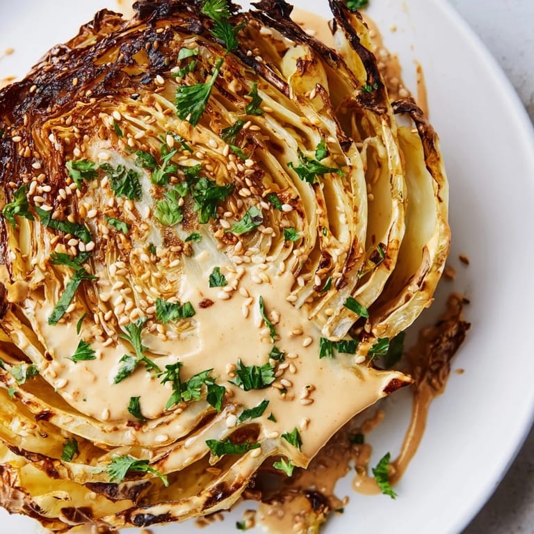 Saftige Roasted Cabbage Steaks mit würziger Gewürzkruste und zitroniger Tahini-Sauce im Fokus.