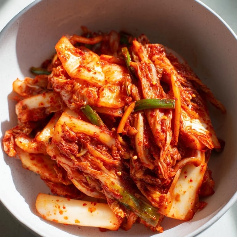 Scharfes Kimchi aus fermentiertem Napa-Kohl und Rettich, würzig mit Knoblauch, Ingwer und frischem Chili.