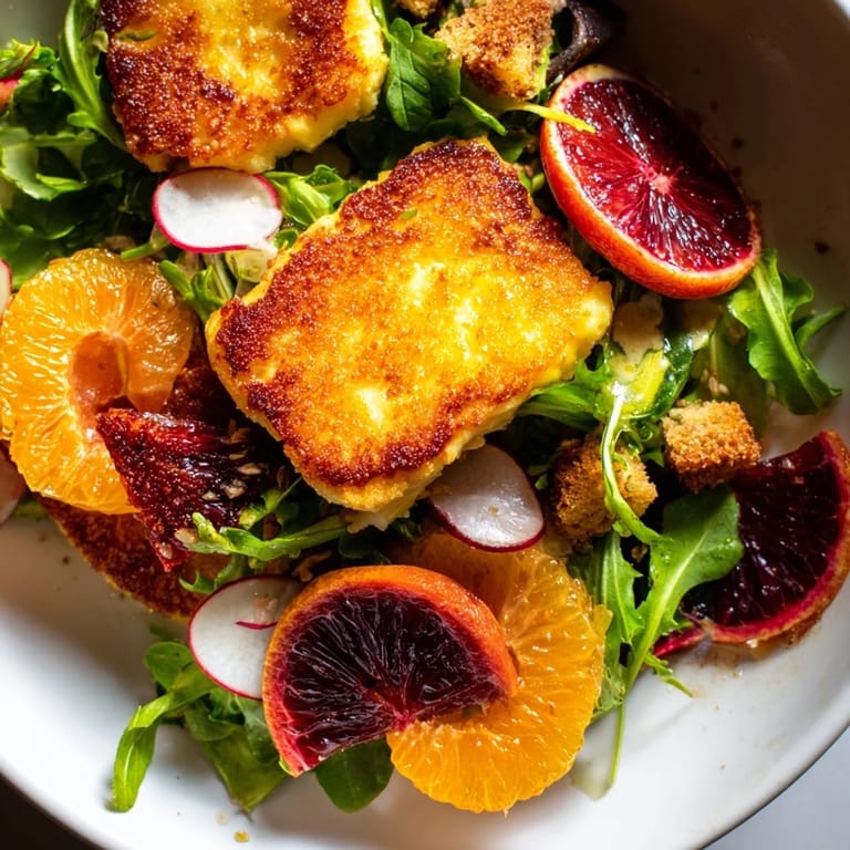 Freshly tossed Halloumi Blood Orange Fattoush with mint, parsley, and a zesty sumac dressing.