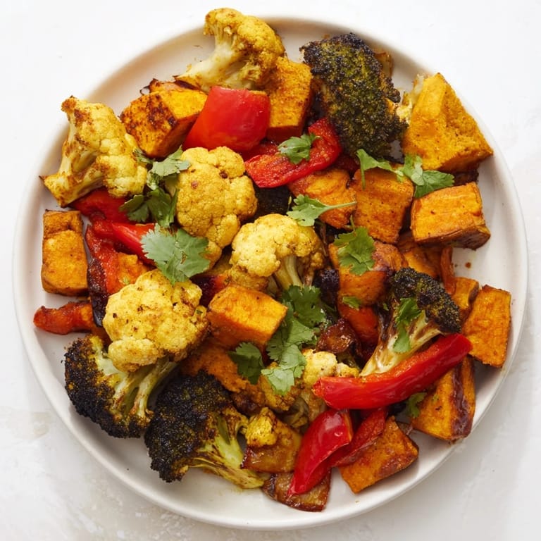 Geröstete Anti-Inflammatory Turmeric Roasted Vegetables mit Blumenkohl, Brokkoli und Süßkartoffel in warmen Gewürztönen.