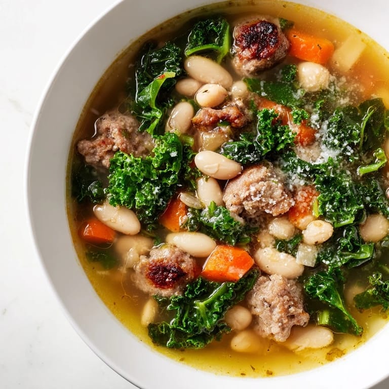 Frisch zubereitete italienische Weißbohnensuppe mit Wurst und Kale im Ofentopf, dampfend und heiß.
