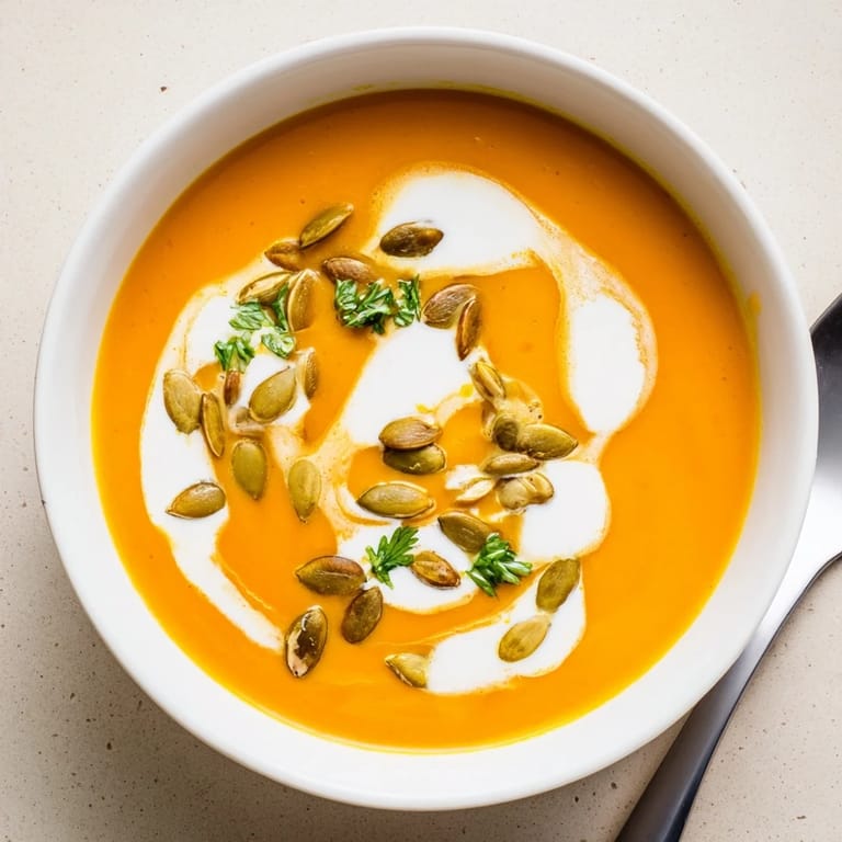 Köstliche Pumpkin Soup in einer Holzschüssel, serviert mit knusprigem Brot und Gewürzen.
