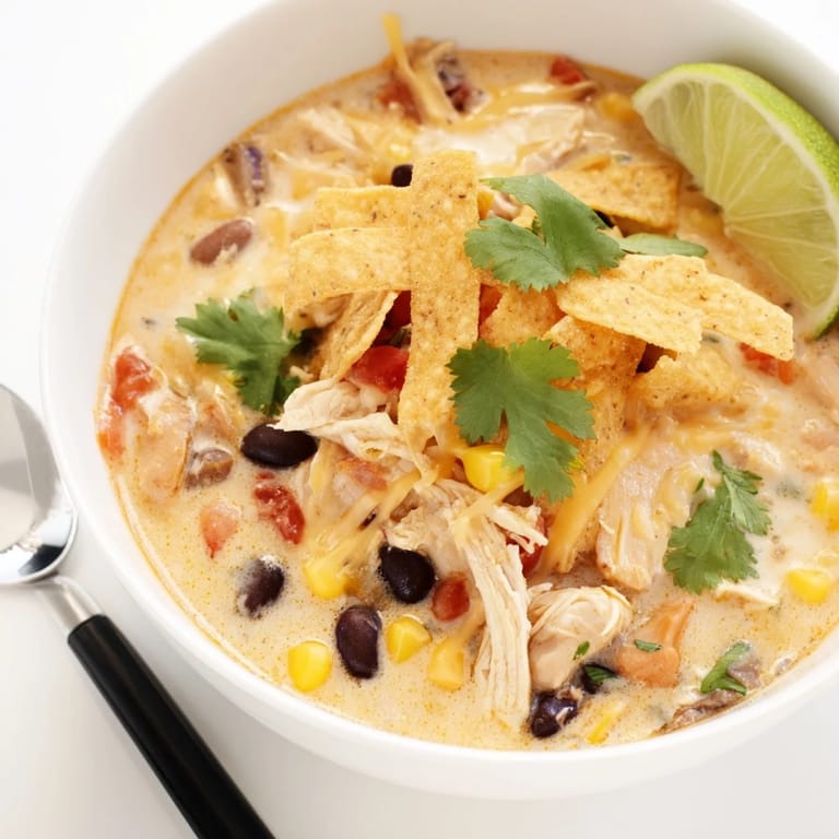 Easy Chicken Tortilla Soup in einer Tellermontage, mit cremiger Cheddar-Note, Rotel-Tomaten und Limettenscheiben für einen frischen Kick.