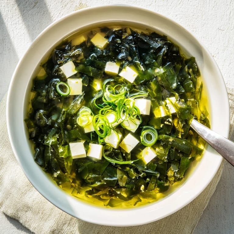 Warme japanische Wakame Soup mit glasigem Tofu und aromatischer Dashi-Brühe auf rustikalem Teller.
