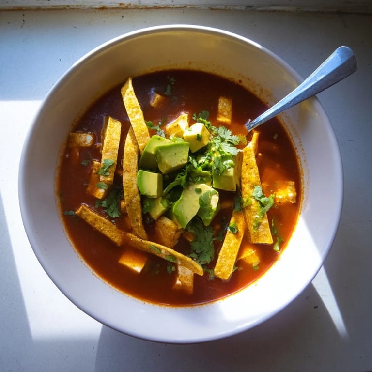 Sopa Azteca with smoky tomato-chile broth, avocado, and cilantro garnish