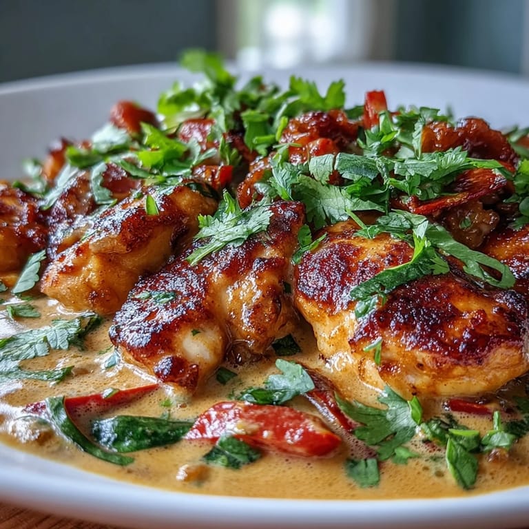 Goldbraun angebratenes Hähnchen in einer wohlschmeckenden Kokosmilch-Sauce mit bunten Gemüsestücken und Kräutern.