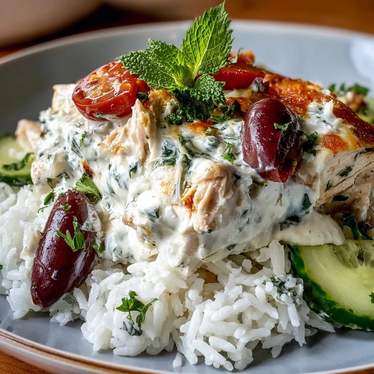 Ein gerösteter Überblick über die Chicken Tzatziki Casserole, in der cremiger Tzatziki die Reisschicht mit Hähnchen und Oliven überzieht.