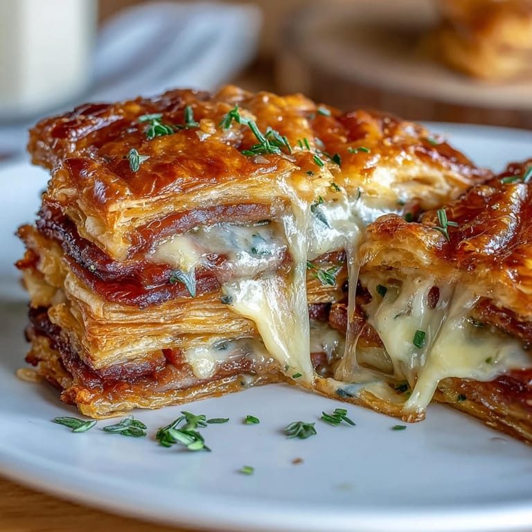 Goldbraune Krapfenleigtürme mit Schinken- und Käsefüllung, verziert mit frischen Kräutern auf einem rustikalen Holztisch.