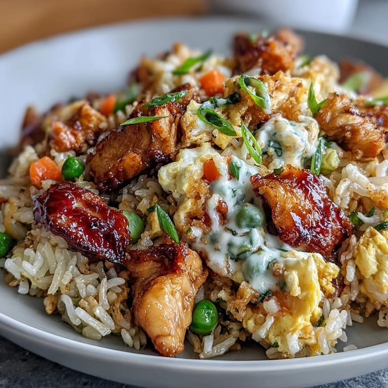 Belegter Teller mit Bang Bang Fried Rice, Rührei-Streifen, grünen Zwiebeln und einer leuchtend orangen Würznote.