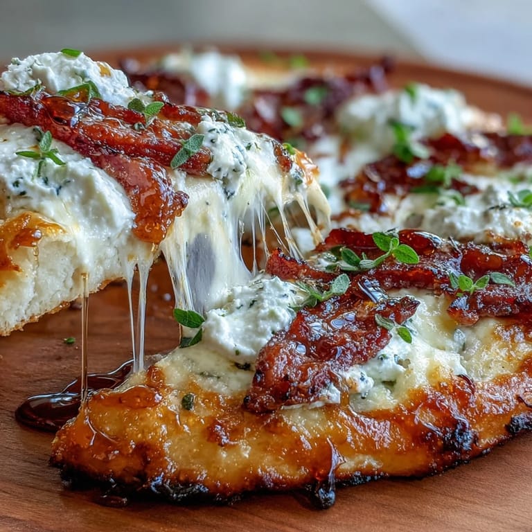 Frisch gebackene White Pizza with Beef Prosciutto & Hot Honey auf einem Pizzastein, belegt mit Mozzarella und Oregano.