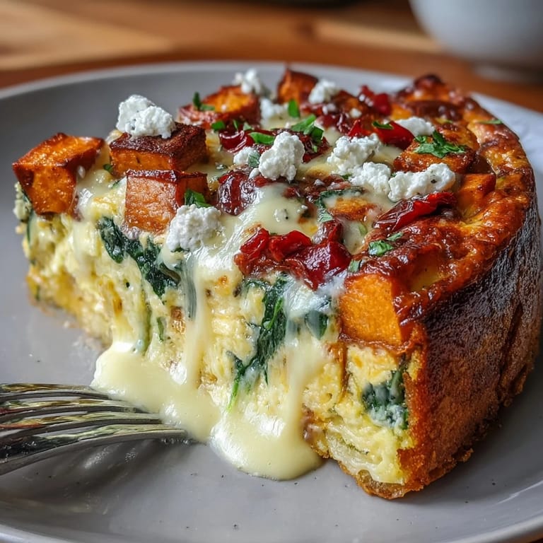Sättigendes, vegetarisches Süßkartoffel-Ei-Casserole mit Ecken, die perfekt zum Frühstück oder Brunch in den USA passt.