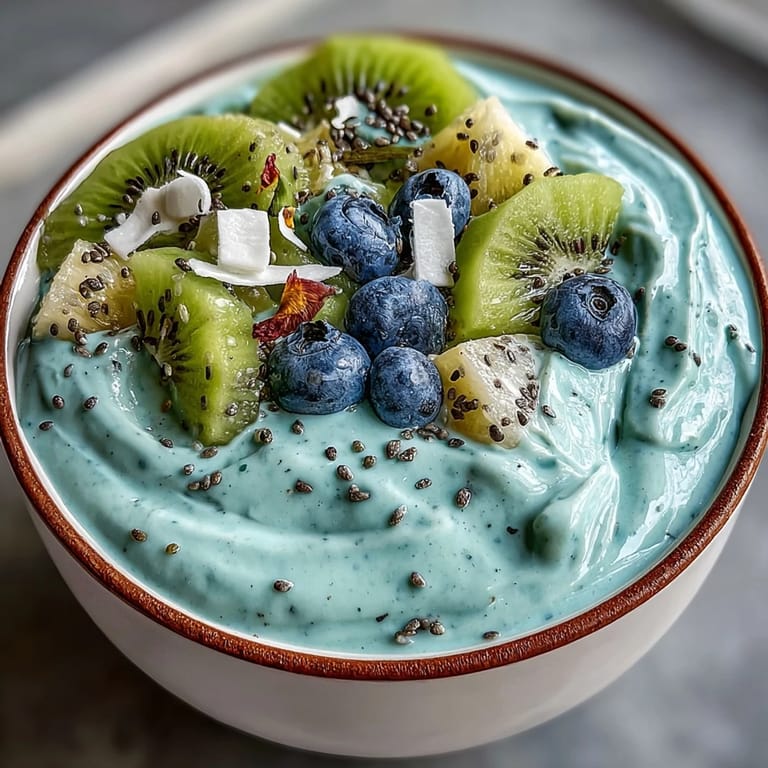 Süße Noten aus Banane und spirulina-pulver, abgerundet mit Kokosraspeln für eine perfekte Morgenmahlzeit.