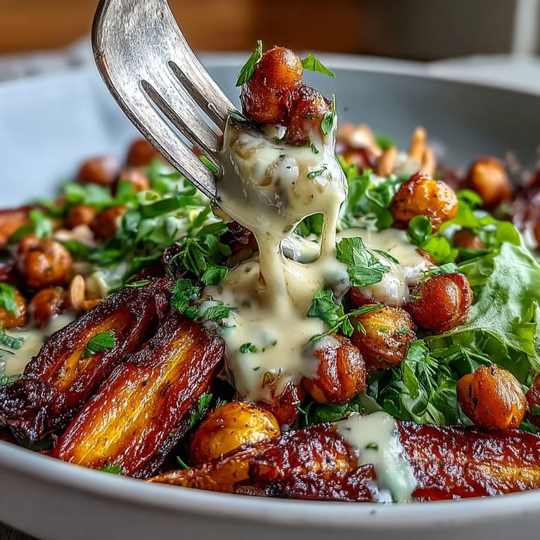 One-Pan Roasted Carrot and Chickpea Bowl als vegan und glutenfreies Hauptgericht, frisch aus dem Ofen mit warmen Gewürzen und saftigen Karottenstücken.