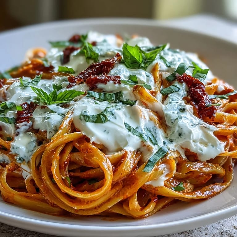 Ein weicher Käsehauch bricht über der scharf-süßen Creamy Red Pepper Pasta, während aromatische Kräuter das italienische Gericht abrunden.