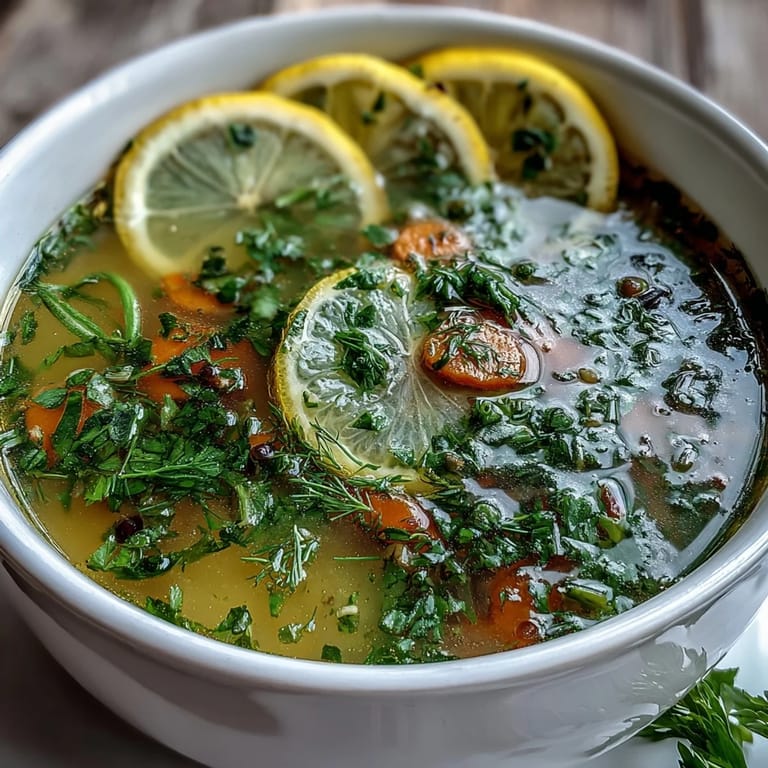 Genießen Sie diese erfrischende Zitronenkräutersuppe, serviert mit einem Hauch von Zitrone.