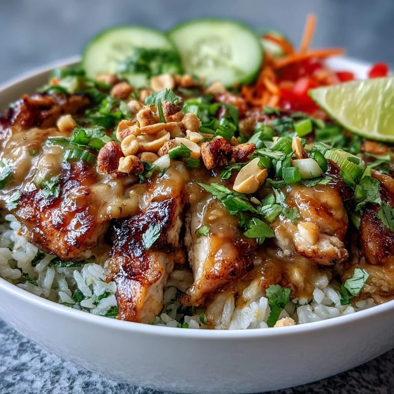 Tender chicken, creamy peanut sauce, and fresh veggies make this Thai Peanut Chicken Bowl irresistible.