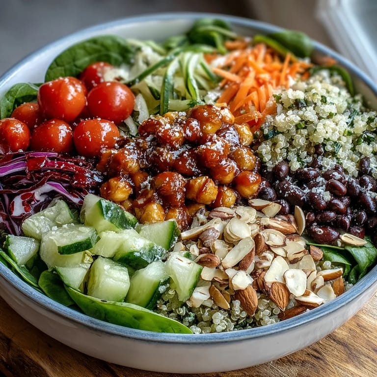 Die saftige Rainbow Salad Bowl, vollgepackt mit knackigen Zutaten und einem leichten Dressing.