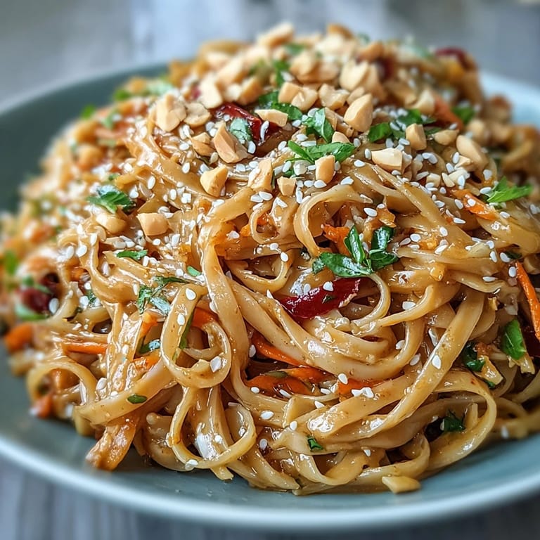 Servierbereite asiatische Erdnudel-Schüssel, angereichert mit gerösteten Erdnüssen und Limettenspalten.