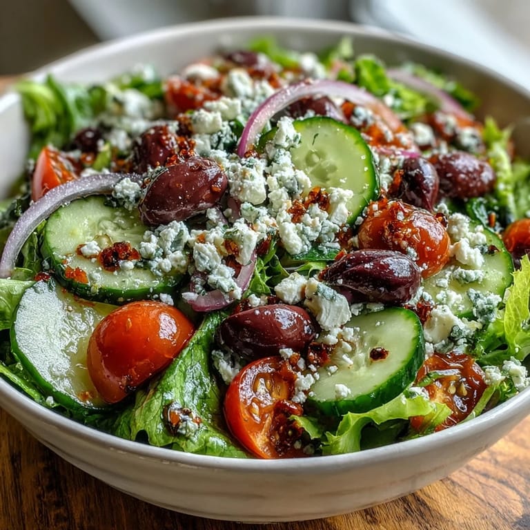 Dieser mediterrane grüne Salat sieht frisch aus, serviert mit einem Tang von Oliven.