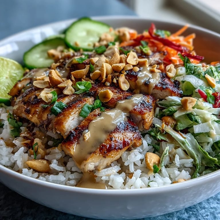 Farbintensive Kokosreis-Erdnuss-Schüssel, bereit zum Genießen in seiner vollen Pracht.