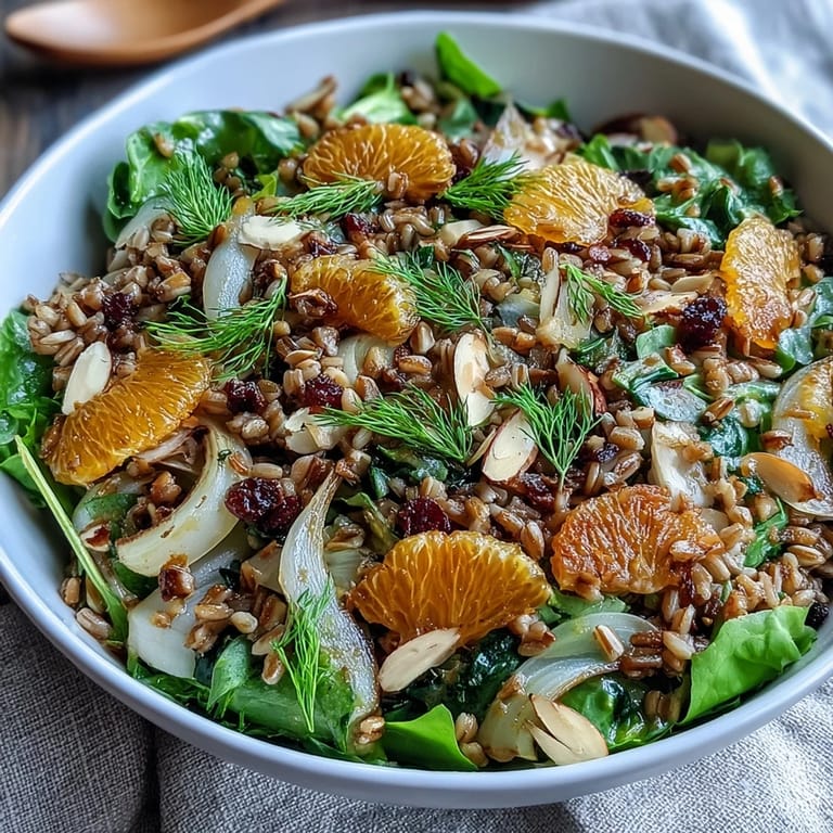 Schön belegter Farro-Schüssel mit Zitrusnoten, perfekt für ein leichtes Mittagessen.