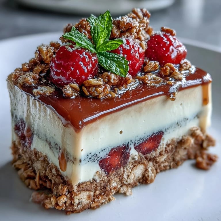 Leckeres Hojicha Panna Cotta Parfait mit Schichten aus Vanillepudding, saftigen Beeren und hausgemachtem Granola.