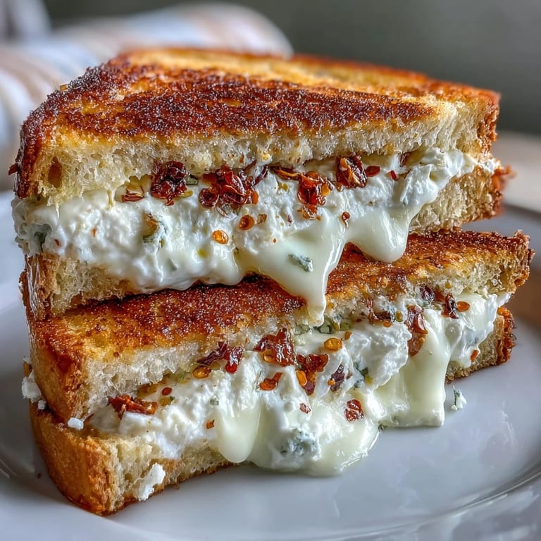 Eine goldbraun getoastete Goat Cheese Grilled Cheese mit Honig und Chili Flocken, neben einem frischen Salat und einer Schüssel Tomatensuppe.