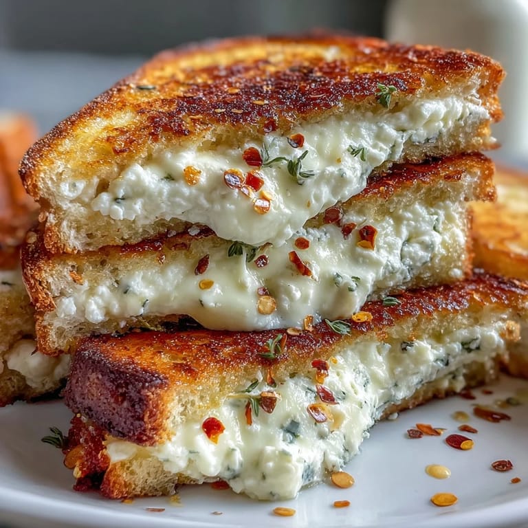 Doppelt belegte Goat Cheese Grilled Cheese mit Honig & Chili Flocken, warm und flüssig, mit goldenem Knusperbrot und frischen Kräutern garniert.