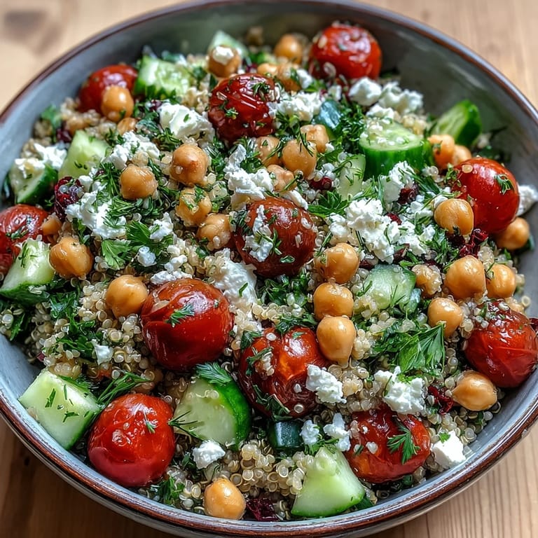 Fluffy quinoa and chickpeas tossed with veggies in this High Protein Quinoa & Chickpea Salad.