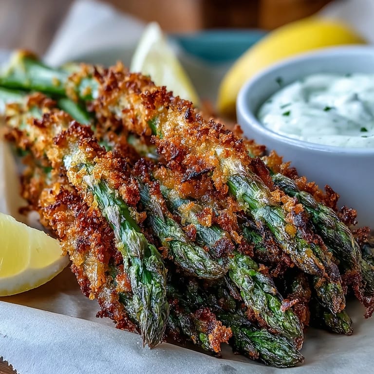 Saftige Crispy Asparagus Asiago Speere mit goldenem Krümelmantel und Dip im Glas daneben