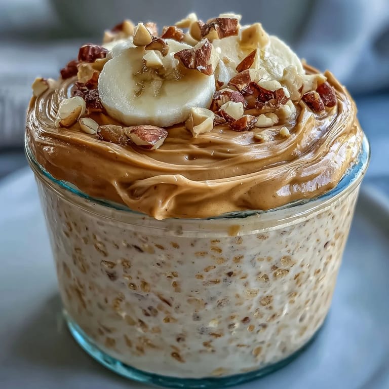 Creamy High-Protein Peanut Butter Overnight Oats layered with banana slices and a drizzle of honey