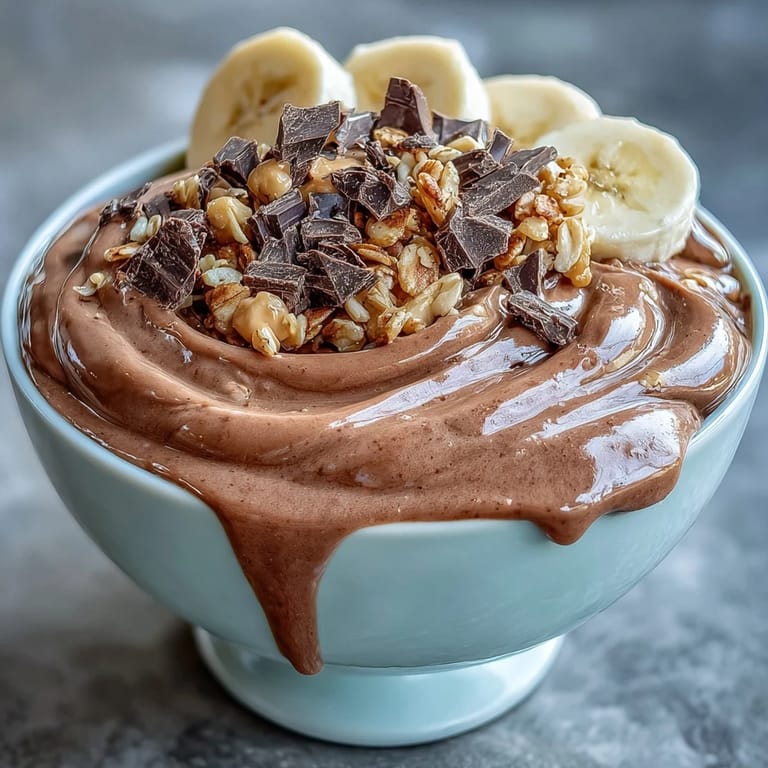 Chocolate Peanut Butter Smoothie Bowl garnished with banana slices, chopped dark chocolate, and crunchy granola for a perfect breakfast.