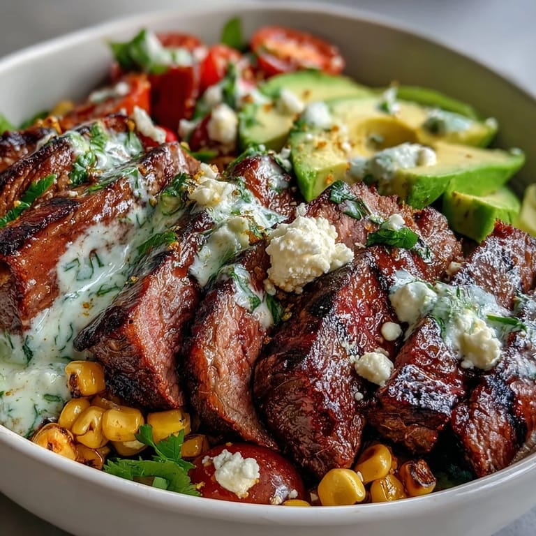 Creamy avocado and tender steak over rice topped with roasted corn and cilantro cream sauce in a serving bowl.